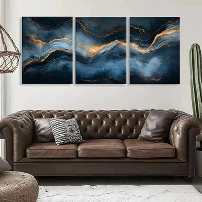 3pcs Abstract Blue and Golden Marble-Inspired Wall Art Canvas Unframed - High Quality Print 100% Australian Made Wall Canvas
