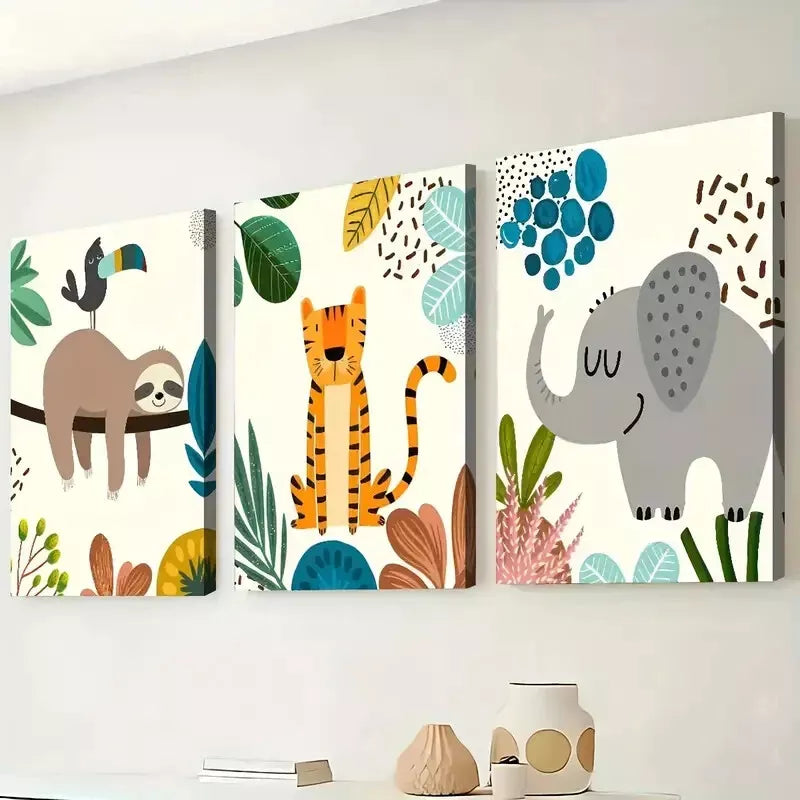 3pcs Simple Natural Plant Animal Cartoon Style Wall Art Set Canvas Framed 50x70cm - High Quality Print 100% Australian Made Wall Canvas Ready to Hang - Bella Home Decor