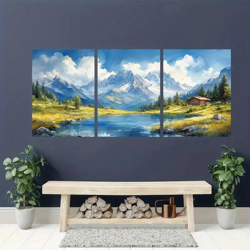 3pcs Alps Mountain Valley Watercolor Landscape Metal Print Ready to Hang Art