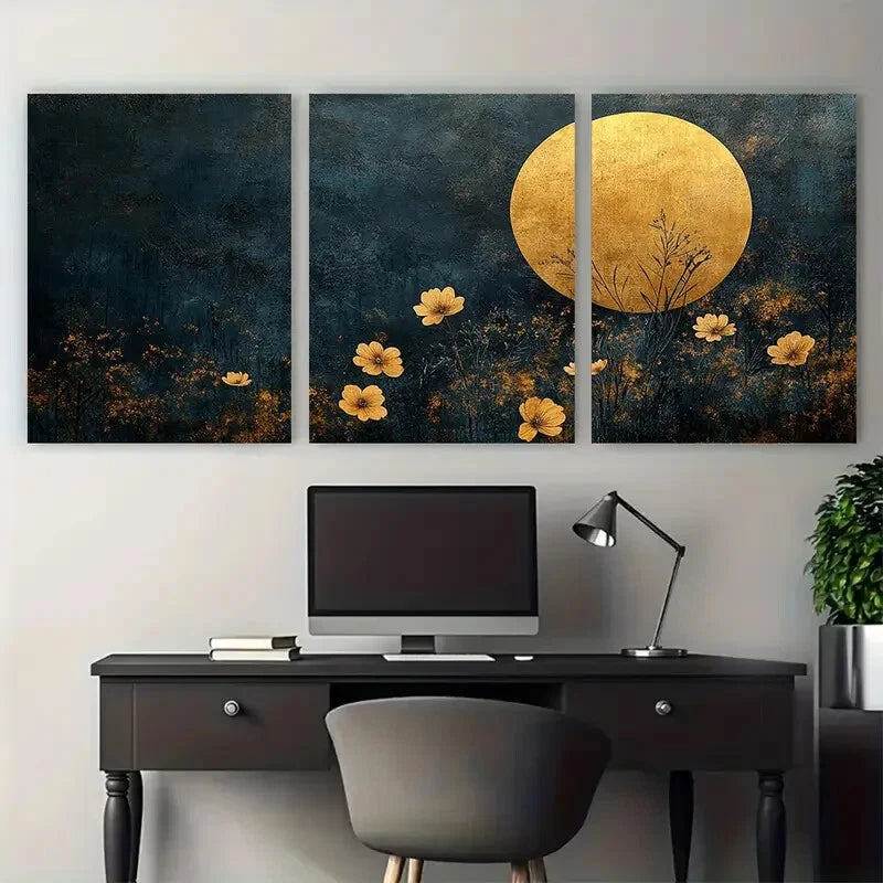 3pcs Minimalist Golden Circle Dark Floral Design Metal Print Ready to Hang Art