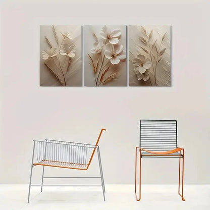 3pcs Beige White Flowers with Stems and Leaves Wall Art Set Canvas Framed 60x90cm - High Quality Print 100% Australian Made Wall Canvas Ready to Hang