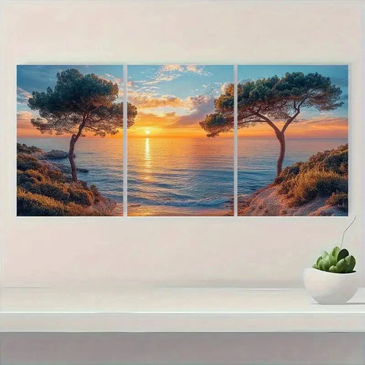 3pcs Coastal Sunset Beach Scene Sky View Metal Print Ready to Hang Art