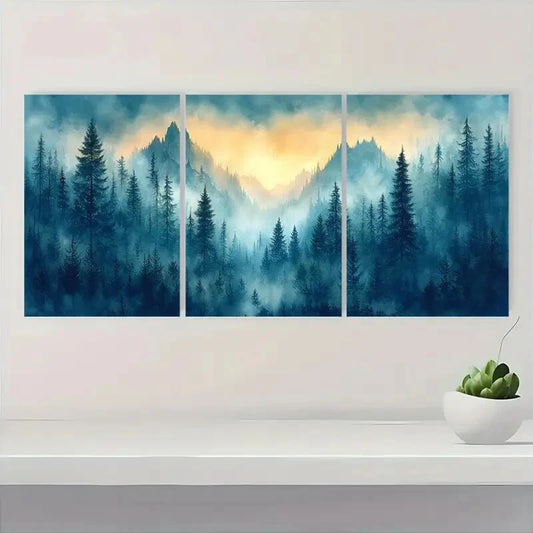 3pcs Misty Forest Landscape with Sunset Evergreen Metal Print Ready to Hang Art