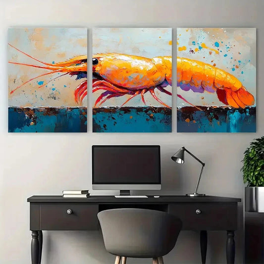3pcs Vibrant Shrimp Animal Illustration Metal Print Ready to Hang Art