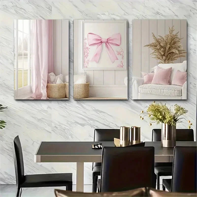 3pcs Featuring a Pink Bow Chinoiserie Design Metal Print Ready to Hang Art