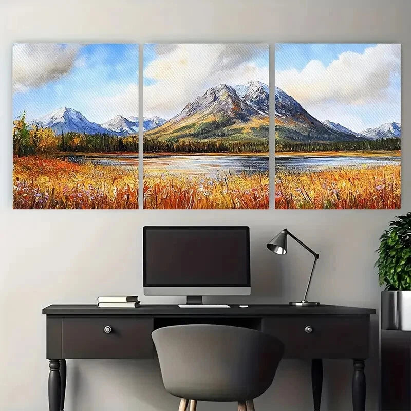 3pcs Vibrant Autumn Scenery with Snow-Capped Peaks Metal Print Ready to Hang Art