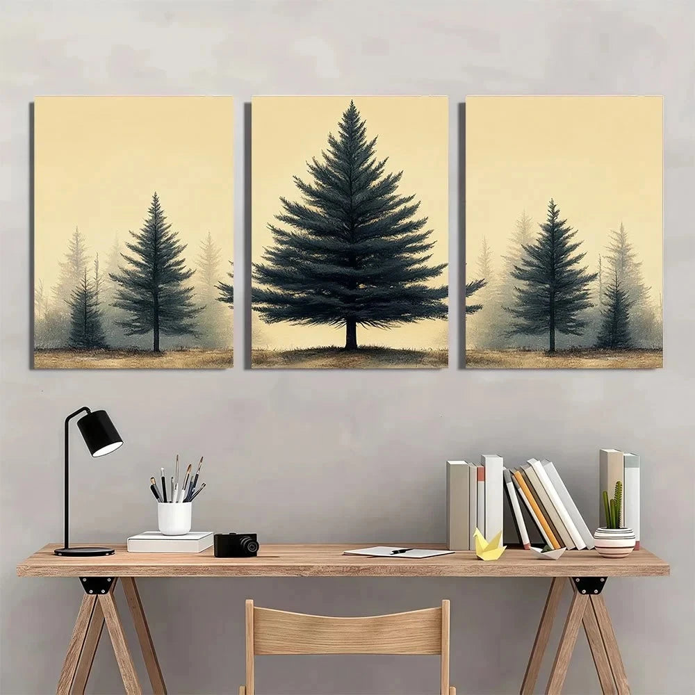 3pcs Vintage Pine Tree Botanical Forest Metal Print Ready to Hang Art