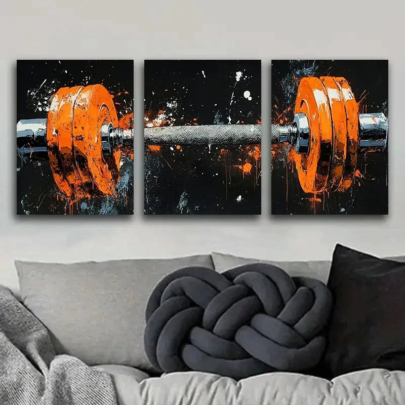 3pcs Orange Fitness Equipment Design Metal Print Ready to Hang Art