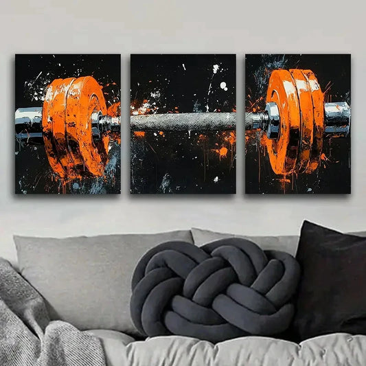 3pcs Orange Fitness Equipment Design Metal Print Ready to Hang Art