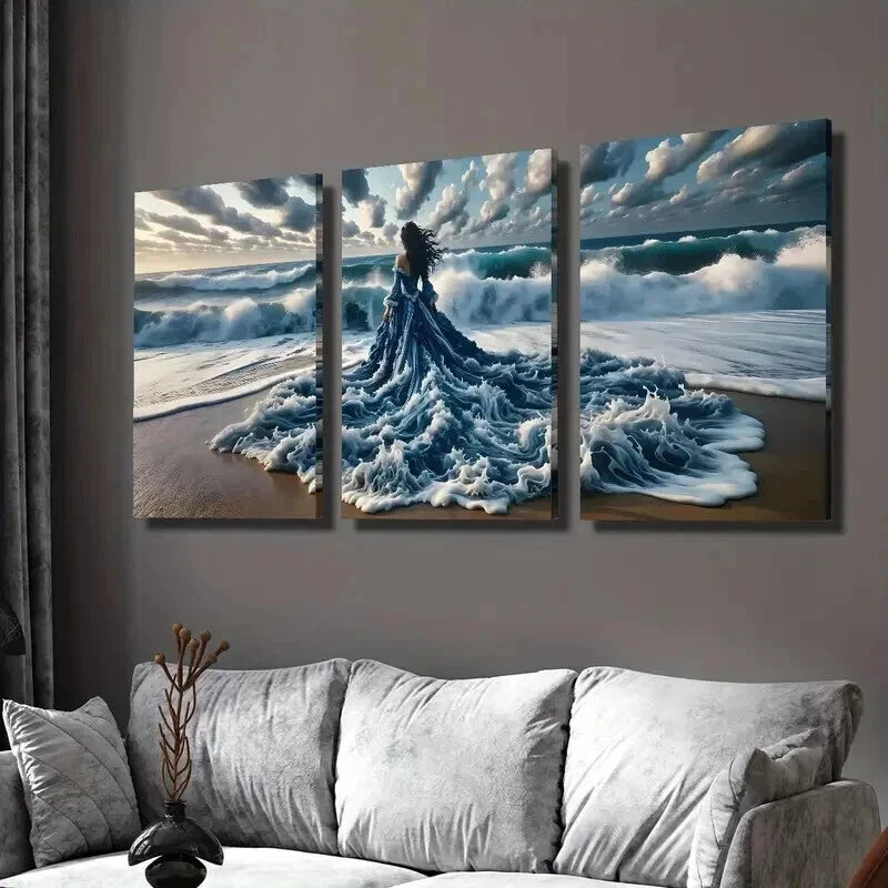 3pcs Ocean Goddess with a Wavy Dress Wall Art Set Canvas Framed 40x60cm - High Quality Print 100% Australian Made Wall Canvas Ready to Hang