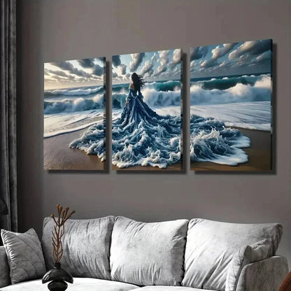 3pcs Ocean Goddess with a Wavy Dress Wall Art Set Canvas Framed 40x60cm - High Quality Print 100% Australian Made Wall Canvas Ready to Hang