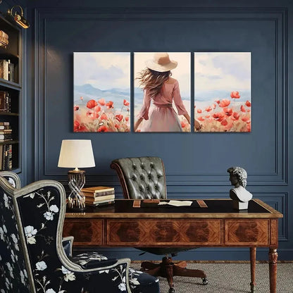 3pcs Flower Field Woman In Hat Mountain View Metal Print Ready to Hang Art