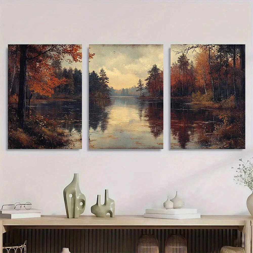 3pcs Vintage River Forest Autumn Trees Metal Print Ready to Hang Art