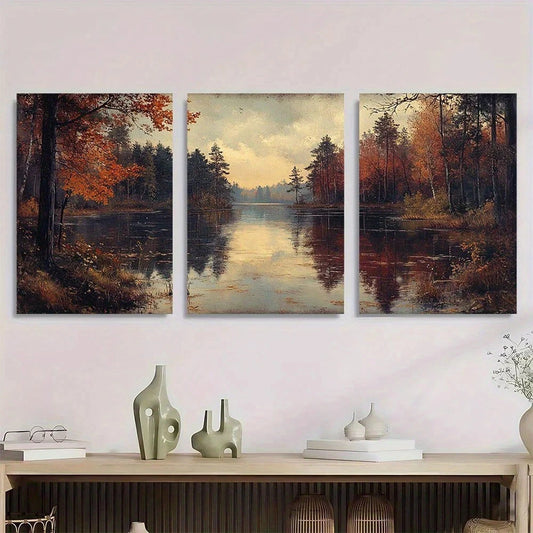 3pcs Vintage River Forest Autumn Trees Metal Print Ready to Hang Art