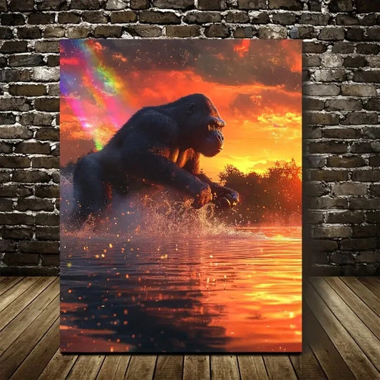 Steampunk Gorilla Splash Vibrant Sunset Painting 40x60cm Metal Print Ready to Hang