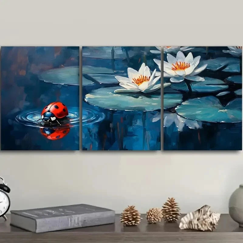 3pcs Ladybugs on Water Lilies Painting Metal Print Ready to Hang Art