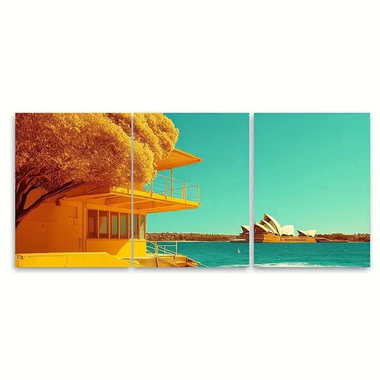 3pcs Yellow building & Sydney Opera House AUS Wall Wall Art Set Canvas Framed 60x90cm - High Quality Print 100% Australian Made Wall Canvas Ready to Hang