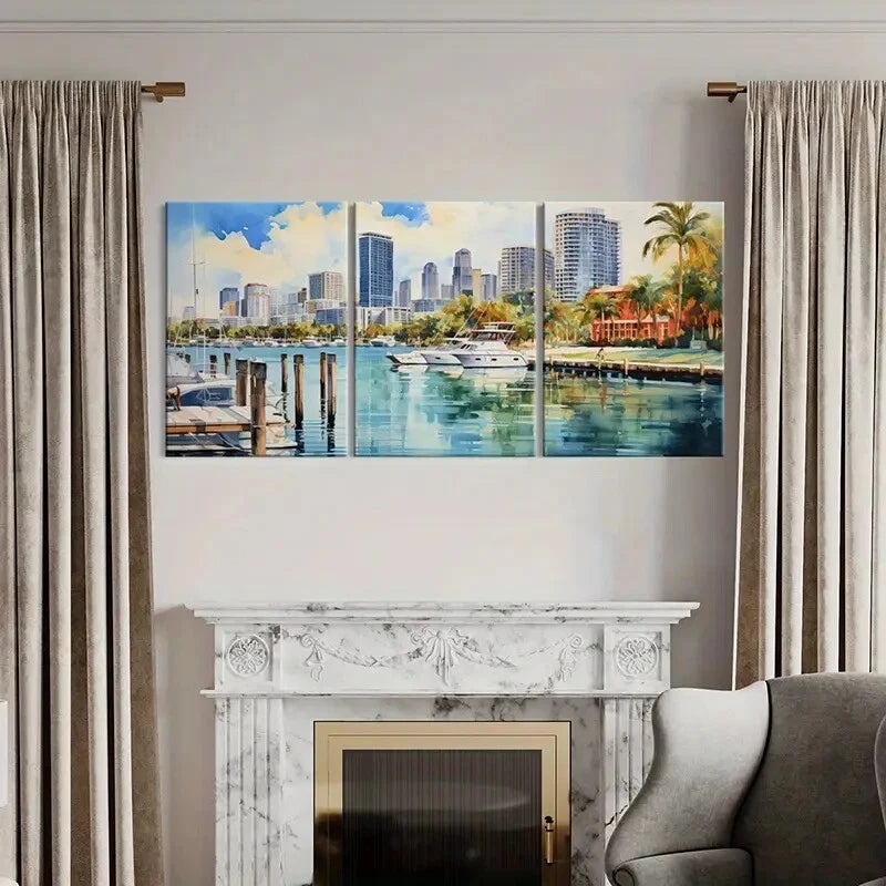 3pcs Vibrant Cityscape Marina Art with Yachts Metal Print Ready to Hang Art