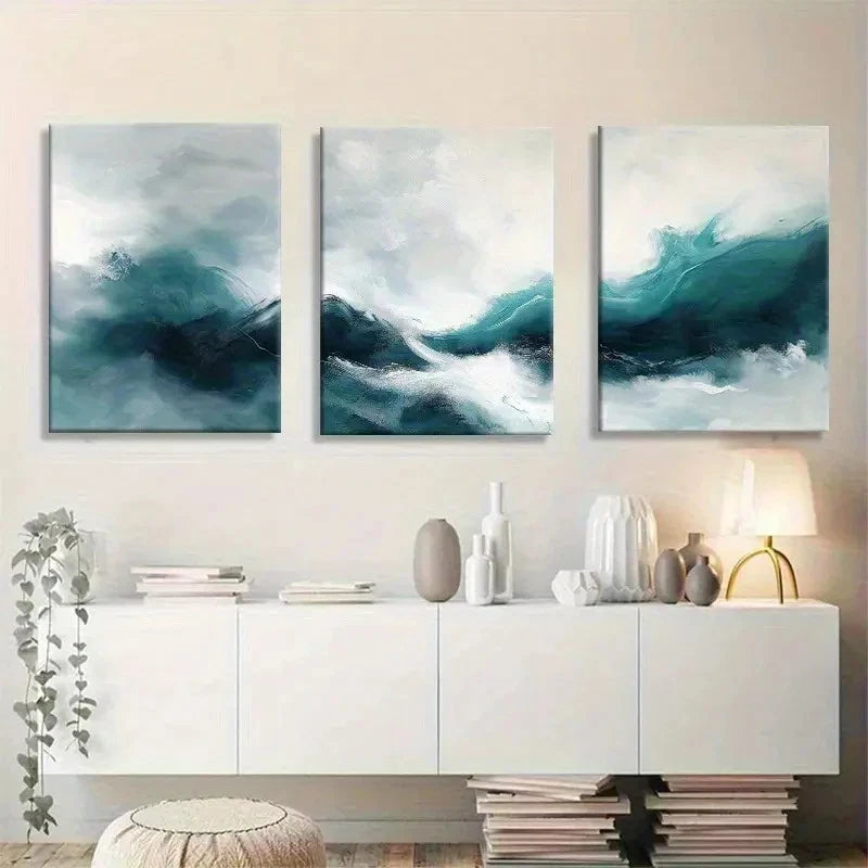 3pcs Abstract Wave Teal and White Seascape Metal Print Ready to Hang Art