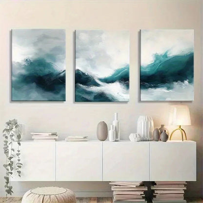 3pcs Abstract Wave Teal and White Seascape Metal Print Ready to Hang Art