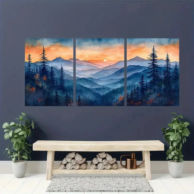 3pcs Blue Roan Mountains Watercolor Art Metal Print Ready to Hang Art
