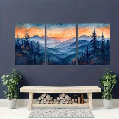 3pcs Blue Roan Mountains Watercolor Art Metal Print Ready to Hang Art