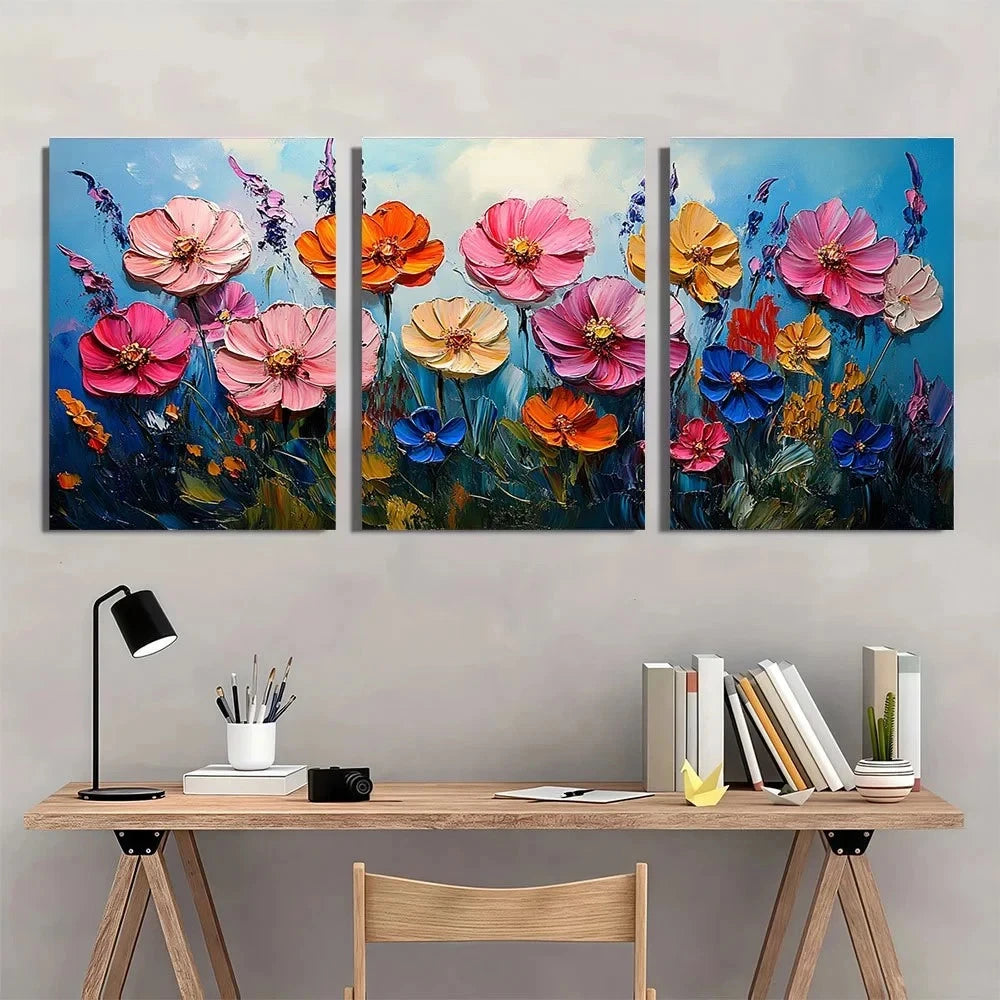 Three-panel floral painting above a wooden desk with stationery items.