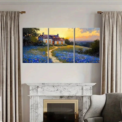 3pcs Sunset Glow Bluebonnet Field Pathway & Trees Metal Print Ready to Hang Art