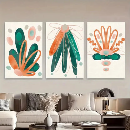 3pcs Vibrant Green Orange Boho Design  Metal Print Ready to Hang Art