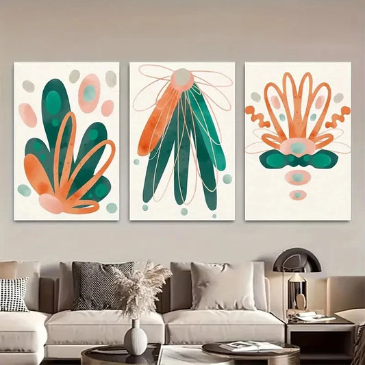 3pcs Vibrant Green Orange Boho Design  Metal Print Ready to Hang Art