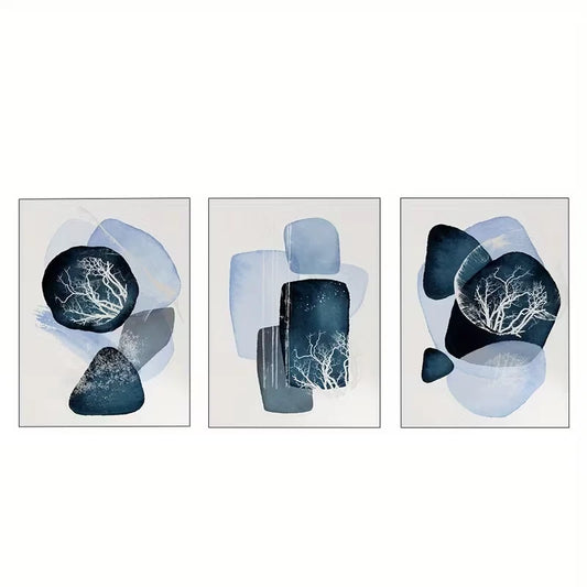3pcs Navy Blue and White Abstract  Wall Art Set Canvas Framed 60x90cm - High Quality Print 100% Australian Made Wall Canvas Ready to Hang