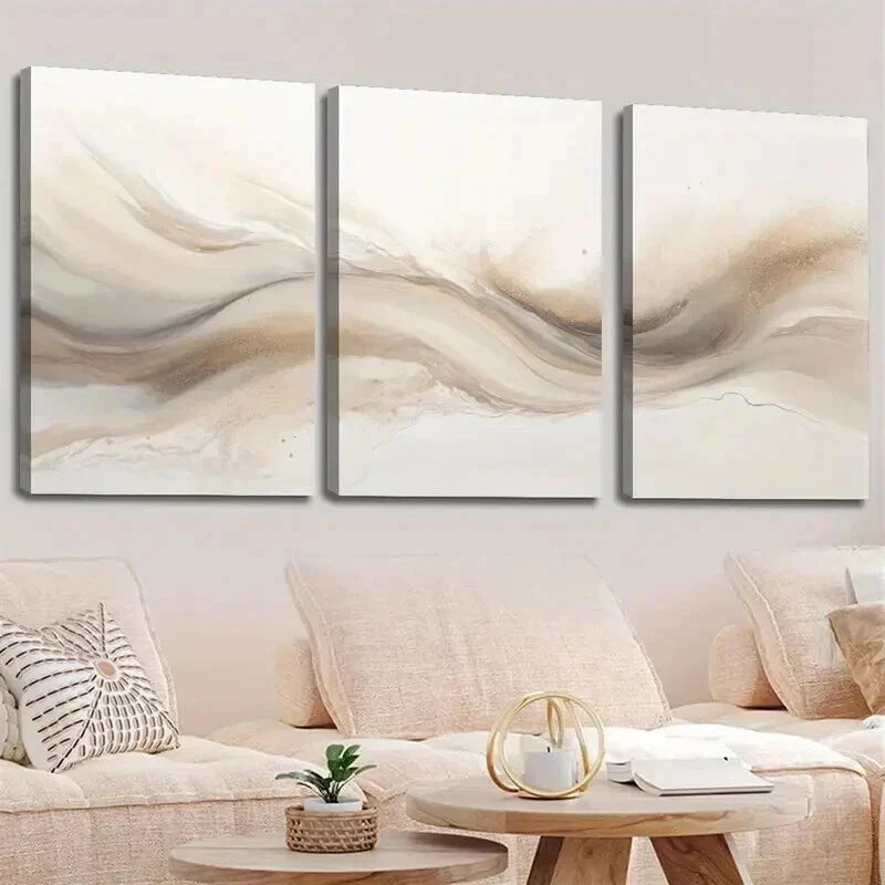 3pcs Soft Beige & Brown Swirls Decor Wall Art Set Canvas Framed 60x90cm - High Quality Print 100% Australian Made Wall Canvas Ready to Hang