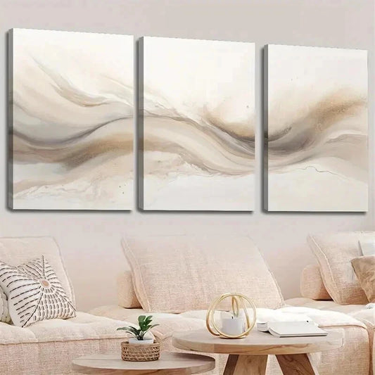 3pcs Soft Beige & Brown Swirls Decor Wall Art Set Canvas Framed 60x90cm - High Quality Print 100% Australian Made Wall Canvas Ready to Hang