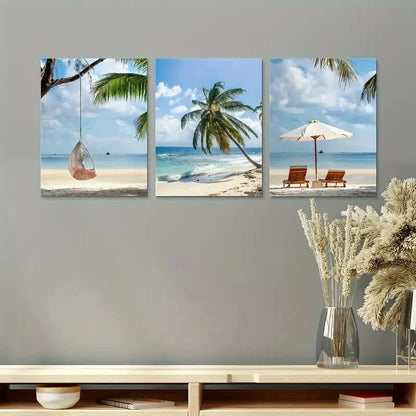 3pcs Coconut Palm Lounge Chair Wall Art Set Canvas Framed 50x70cm - High Quality Print 100% Australian Made Wall Canvas Ready to Hang