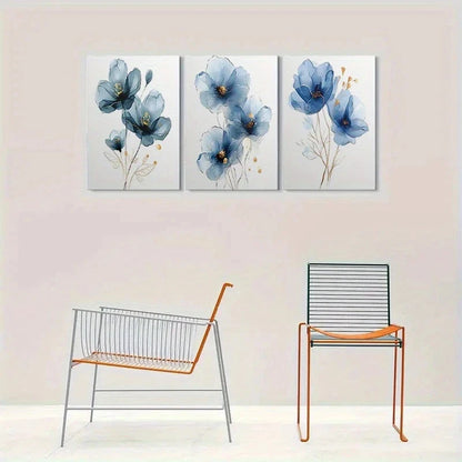 3pcs Modern Abstract Blue Floral Paintings Metal Print Ready to Hang Art