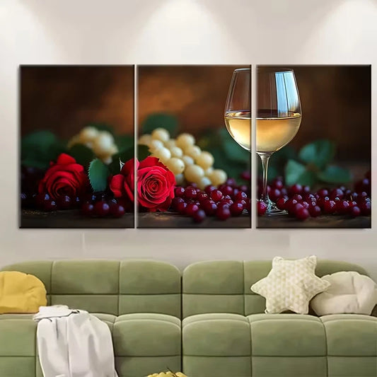 3pcs Elegant Red Rose and White Wine Metal Print Ready to Hang Art