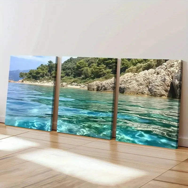 3pcs Australia Rocky Shoreline, Serene Beach Wall Art Set Canvas Framed 40x60cm - High Quality Print 100% Australian Made Wall Canvas Ready to Hang