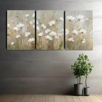 3pcs Delicate Painting of White Wildflowers Metal Print Ready to Hang Art