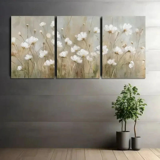 3pcs Delicate Painting of White Wildflowers Metal Print Ready to Hang Art