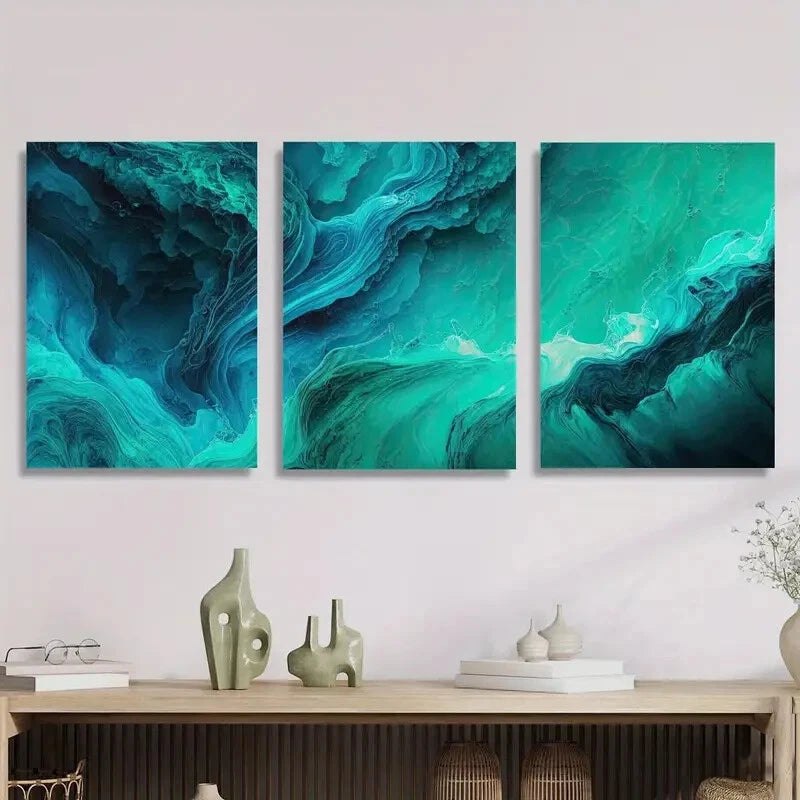 3pcs Blue green water pattern abstract Metal Print Ready to Hang Art