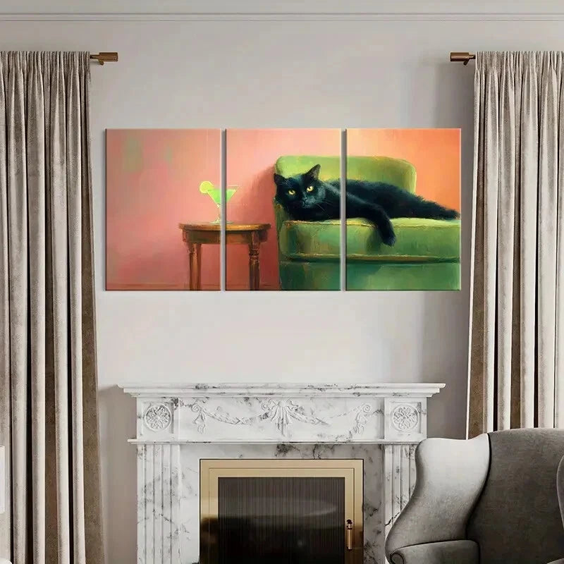 3pcs Modern Vibrant Black Cat & Green Chair Metal Print Ready to Hang Art
