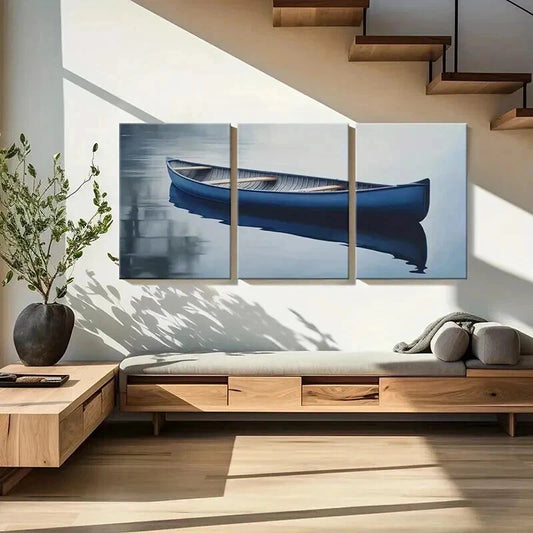 3pcs Serene Blue Canoe Reflections Wall Art Set Canvas Framed 40x60cm - High Quality Print 100% Australian Made Wall Canvas Ready to Hang