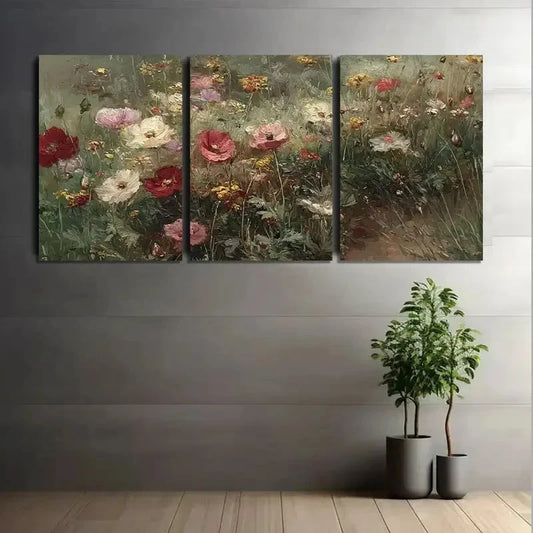 3pcs Vintage Wildflowers with Poppies Painting Metal Print Ready to Hang Art
