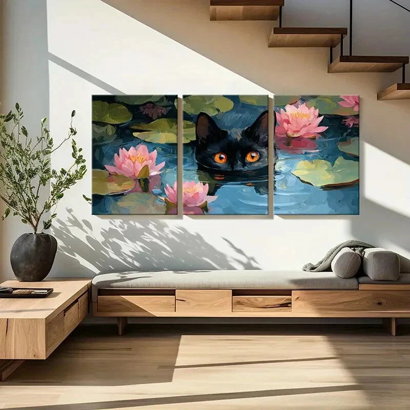 3pcs Black Cat for Lotus Flowers Water Reflection Metal Print Ready to Hang Art
