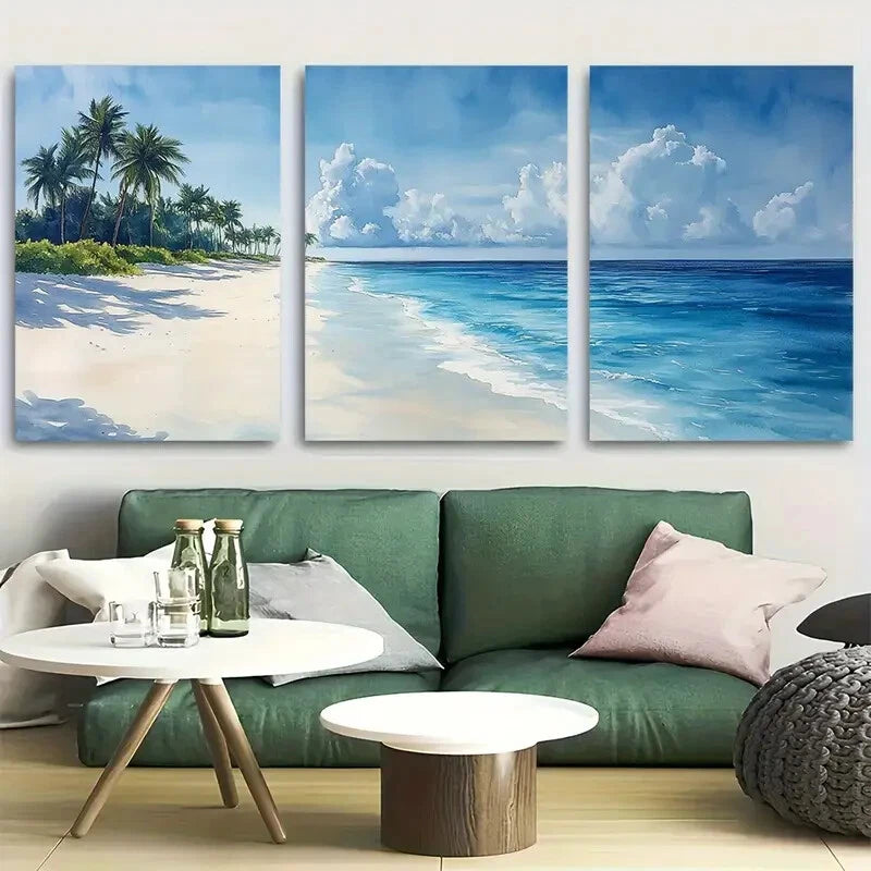 3pcs Rangali Island, Maldives Watercolor Beach Metal Print Ready to Hang Art