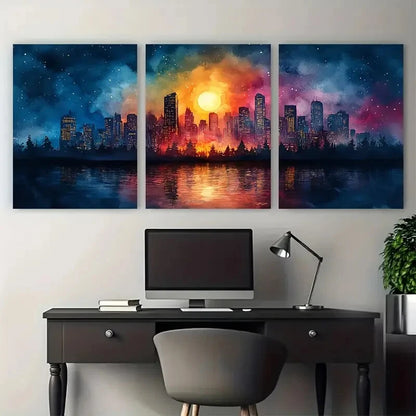 3pcs Vibrant Cityscape Night Abstract Watercolor Metal Print Ready to Hang Art