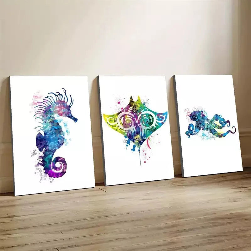 3pcs Whale Sea Horse Octopus Fish Watercolor Wall Art Set Canvas Framed 50x70cm - High Quality Print 100% Australian Made Wall Canvas Ready to Hang - Bella Home Decor