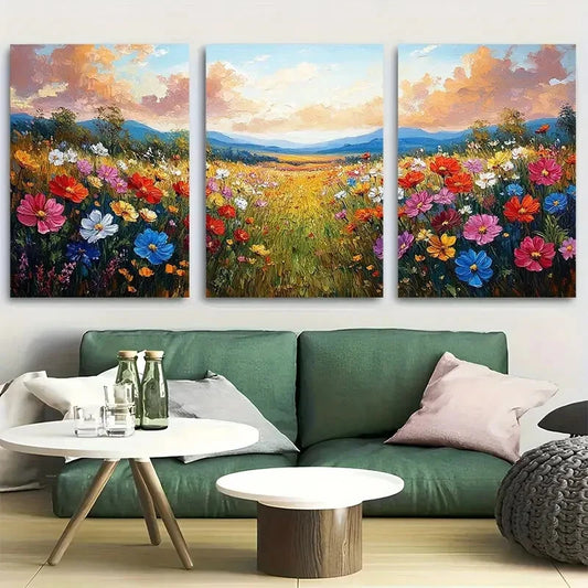 3pcs Vibrant Spring Wildflower Field Landscape Metal Print Ready to Hang Art