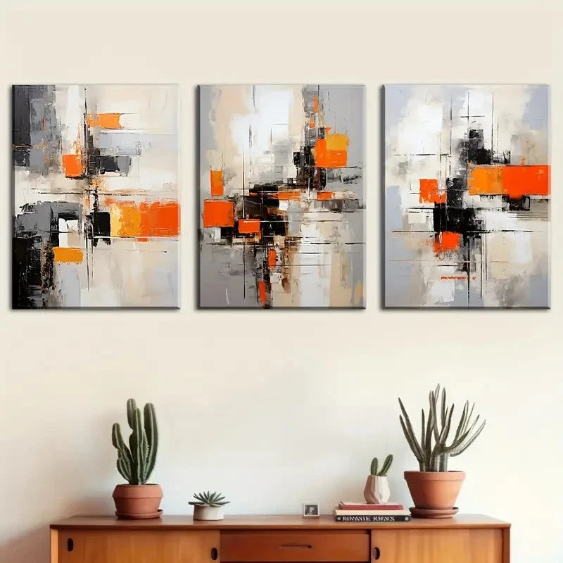 3pcs Abstract Orange & Black Geometric Prints Metal Print Ready to Hang Art