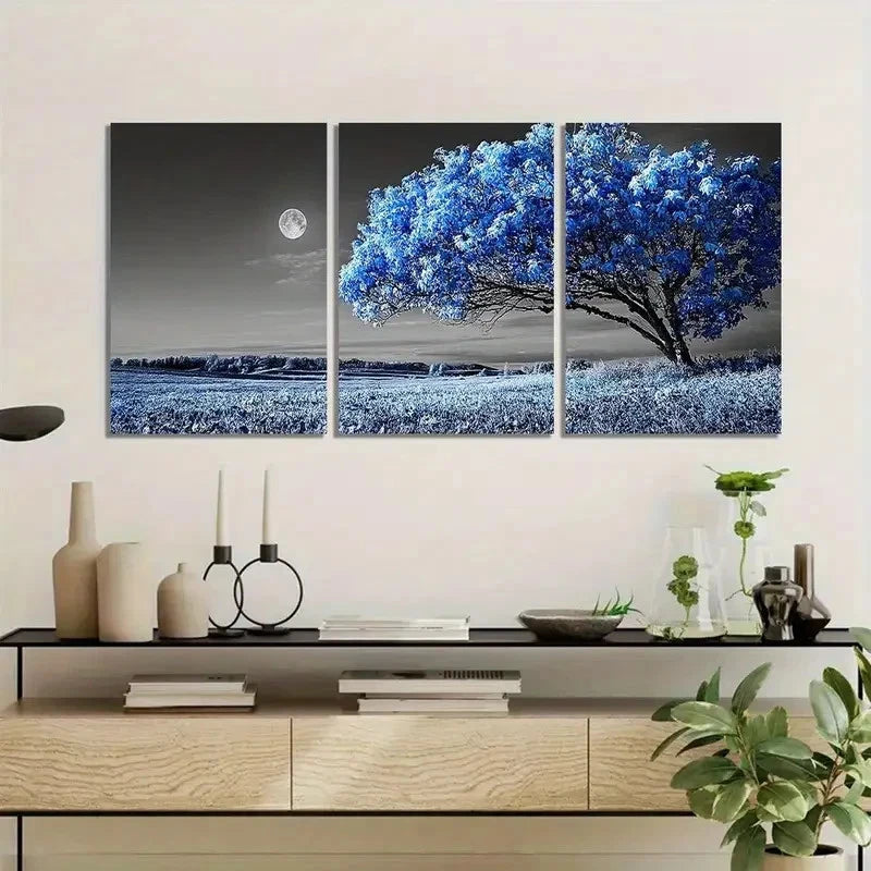 3pcs Blue-Leaved Tree Under Moonlight Poster Metal Print Ready to Hang Art